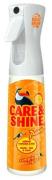 weiße Flasche mit orangener Shrift Care and shine mit Logo Vogel Tukan